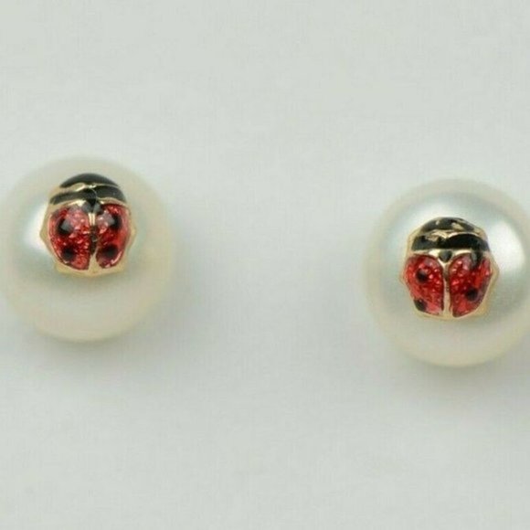 Solid 14k Yellow Gold Red and Black Enamel Ladybug Baby Screw Earrings Medium - Picture 2 of 7